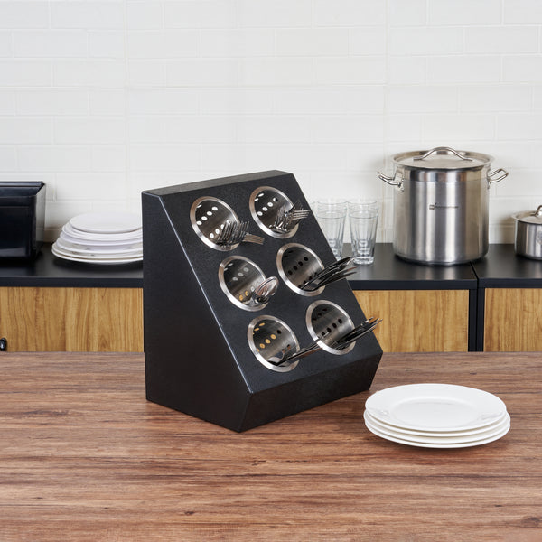 Restaurantware Met Lux Black Plastic Flatware Organizer - 6 Holes Stainless Steel Cylinders - 1 Count Box