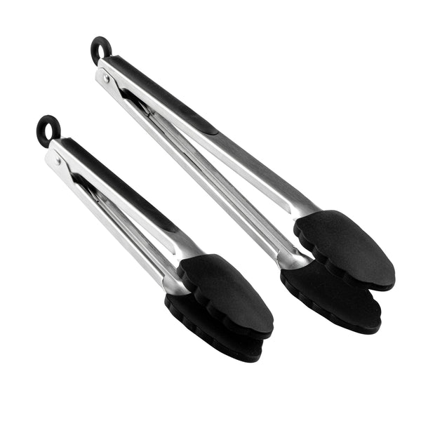 Restaurantware Met Lux Black Stainless Steel 2-Piece Kitchen Tong Set - Scalloped - 12" X 1 3/4" X 2" - 1 Count Box
