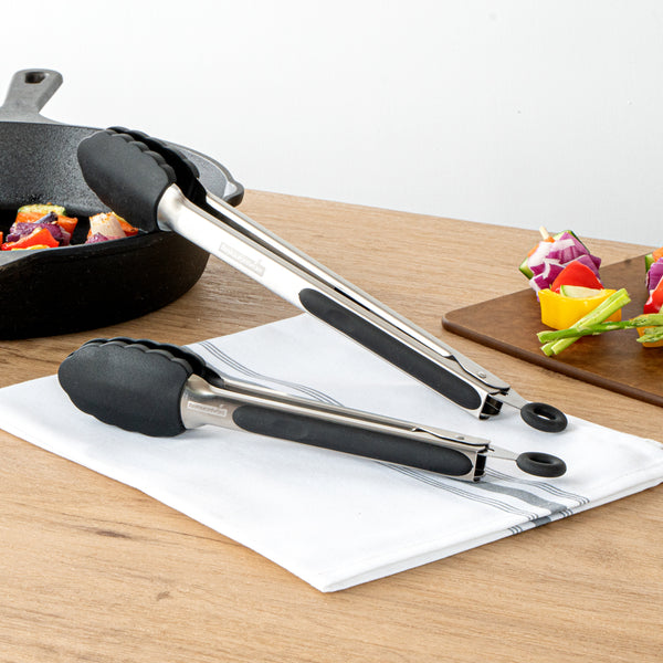 Restaurantware Met Lux Black Stainless Steel 2-Piece Kitchen Tong Set - Scalloped - 12" X 1 3/4" X 2" - 1 Count Box
