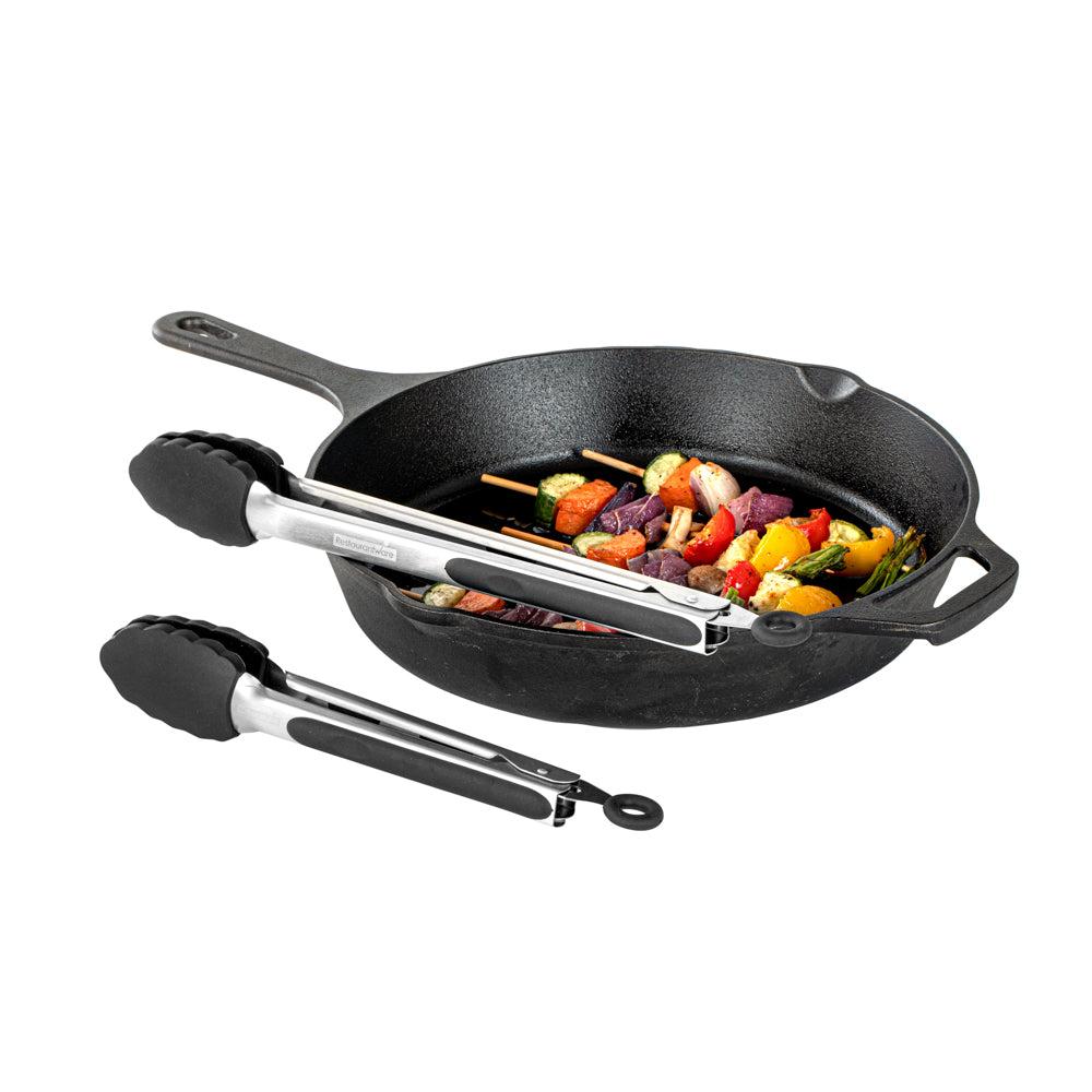 restaurantware Met Lux Black Stainless Steel 2-Piece Kitchen Tong Set - Scalloped - 12" x 1 3/4" x 2" - 1 count box