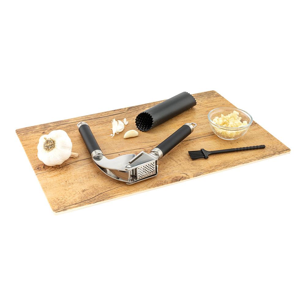 restaurantware Met Lux Black Stainless Steel Garlic Press / Peeler - with Easy Clean Brush - 1 count box