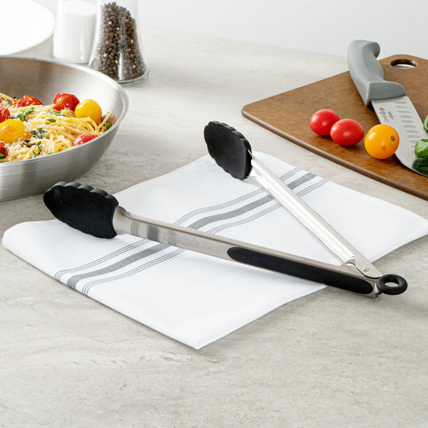 Restaurantware Met Lux Black Stainless Steel Kitchen Tong - Scalloped - 12" X 1 3/4" X 1" - 1 Count Box
