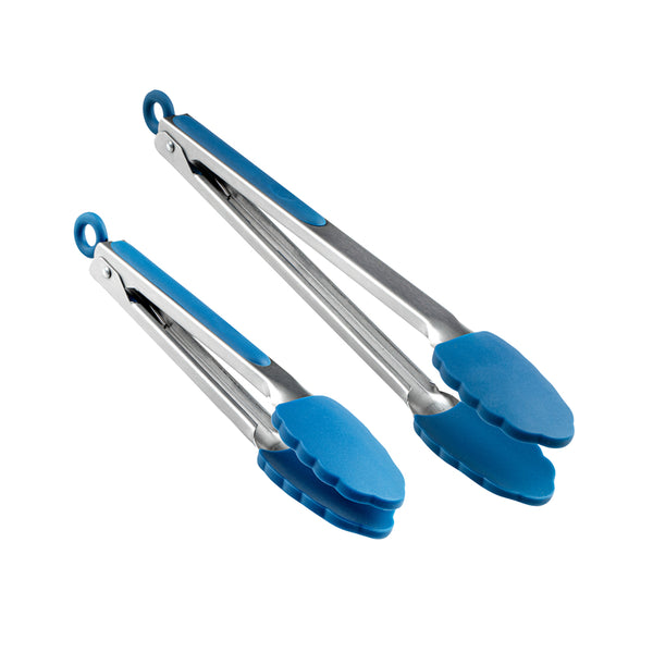 Restaurantware Met Lux Blue Stainless Steel 2-Piece Kitchen Tong Set - Scalloped - 12" X 1 3/4" X 2" - 1 Count Box