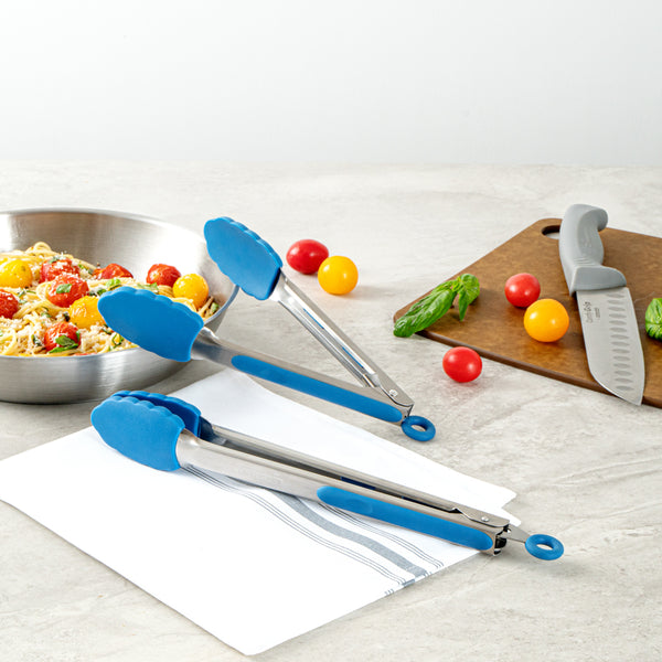 Restaurantware Met Lux Blue Stainless Steel 2-Piece Kitchen Tong Set - Scalloped - 12" X 1 3/4" X 2" - 1 Count Box