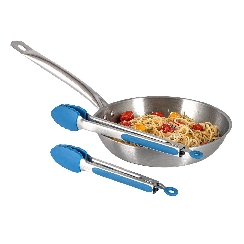 restaurantware Met Lux Blue Stainless Steel 2-Piece Kitchen Tong Set - Scalloped - 12" x 1 3/4" x 2" - 1 count box