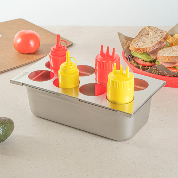 Restaurantware Met Lux Eight Hole Stainless Steel Squeeze Bottle Holder Top - Fits 1/3 Size Pans - 12 3/4" X 7" - 1 Count Box