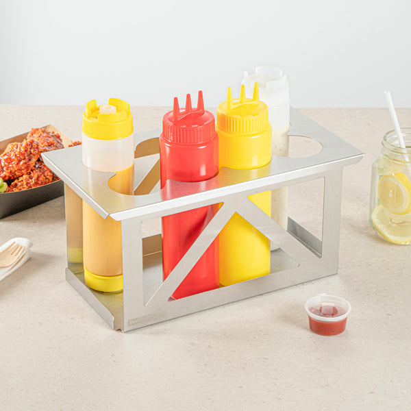 Restaurantware Met Lux Eight Hole Stainless Steel Squeeze Bottle Holder - Fits 1/3 Size Opening - 12 3/4" X 7" X 6 1/4" - 1 Count Box