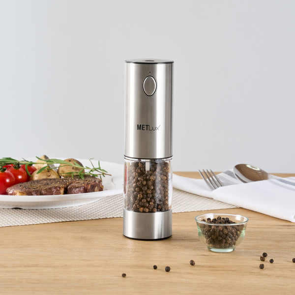 Restaurantware Met Lux Electric Salt Or Pepper Grinder - Rechargeable With LED Light - 2'' X 2'' X 7 1/2'' - 1 Count Box