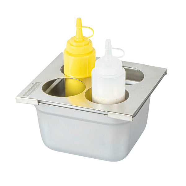 Restaurantware Met Lux Four Hole Stainless Steel Squeeze Bottle Holder Top - Fits 1/6 Size Pans - 6 1/4" X 7" - 1 Count Box