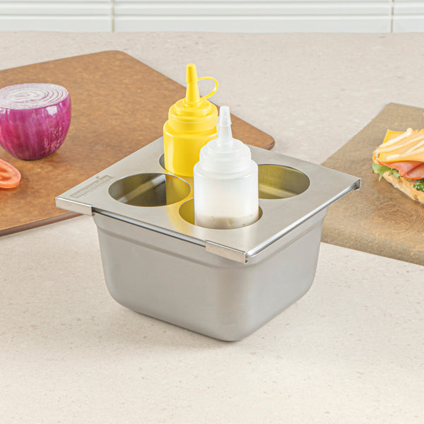 Restaurantware Met Lux Four Hole Stainless Steel Squeeze Bottle Holder Top - Fits 1/6 Size Pans - 6 1/4" X 7" - 1 Count Box