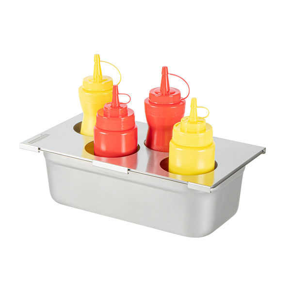 Restaurantware Met Lux Four Hole Stainless Steel Squeeze Bottle Holder Top - Fits 1/3 Size Pans - 12 3/4" X 7" - 1 Count Box