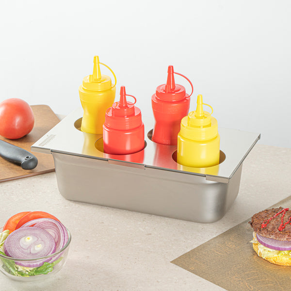 Restaurantware Met Lux Four Hole Stainless Steel Squeeze Bottle Holder Top - Fits 1/3 Size Pans - 12 3/4" X 7" - 1 Count Box