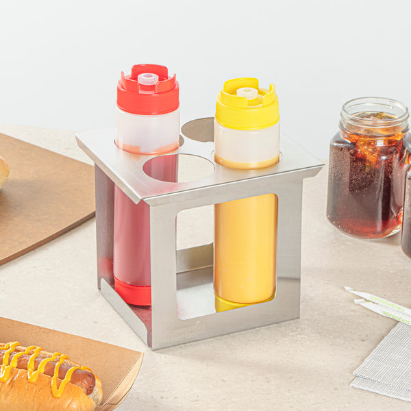 Restaurantware Met Lux Four Hole Stainless Steel Squeeze Bottle Holder - Fits 1/6 Size Opening - 6 1/4" X 7" X 6 1/4" - 1 Count Box