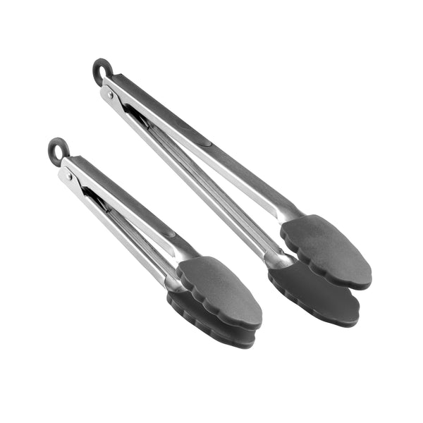 Restaurantware Met Lux Gray Stainless Steel 2-Piece Kitchen Tong Set - Scalloped - 12" X 1 3/4" X 2" - 1 Count Box