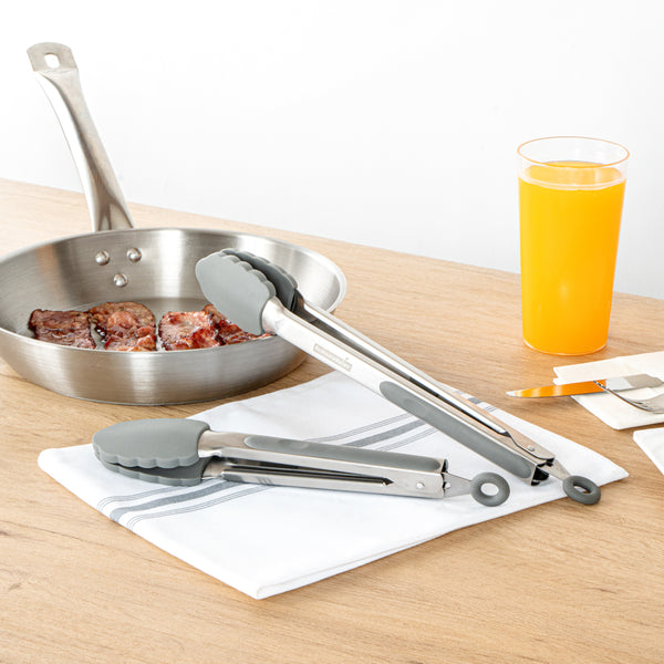 Restaurantware Met Lux Gray Stainless Steel 2-Piece Kitchen Tong Set - Scalloped - 12" X 1 3/4" X 2" - 1 Count Box