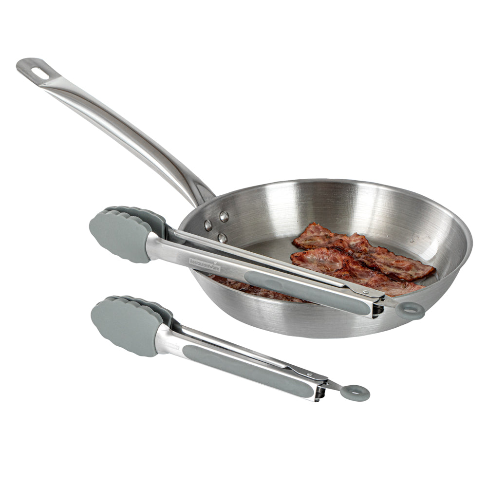 restaurantware Met Lux Gray Stainless Steel 2-Piece Kitchen Tong Set - Scalloped - 12" x 1 3/4" x 2" - 1 count box