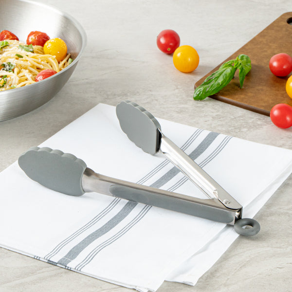 Restaurantware Met Lux Gray Stainless Steel Kitchen Tong - Scalloped - 9" X 1 1/2" X 1" - 1 Count Box