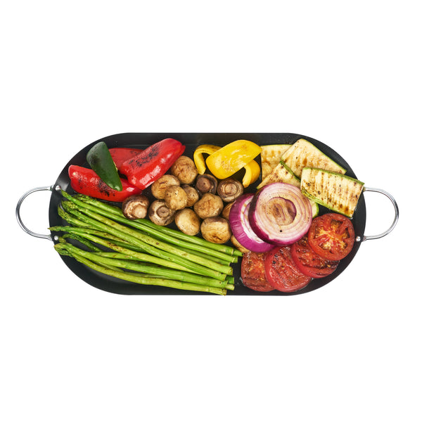 Restaurantware Met Lux Oval Black Carbon Steel Double Burner Griddle - Non-Stick With Chrome Handles - 17" X 8 3/4" - 10 Count Box
