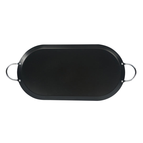 Restaurantware Met Lux Oval Black Carbon Steel Double Burner Griddle - Non-Stick With Chrome Handles - 17" X 8 3/4" - 10 Count Box