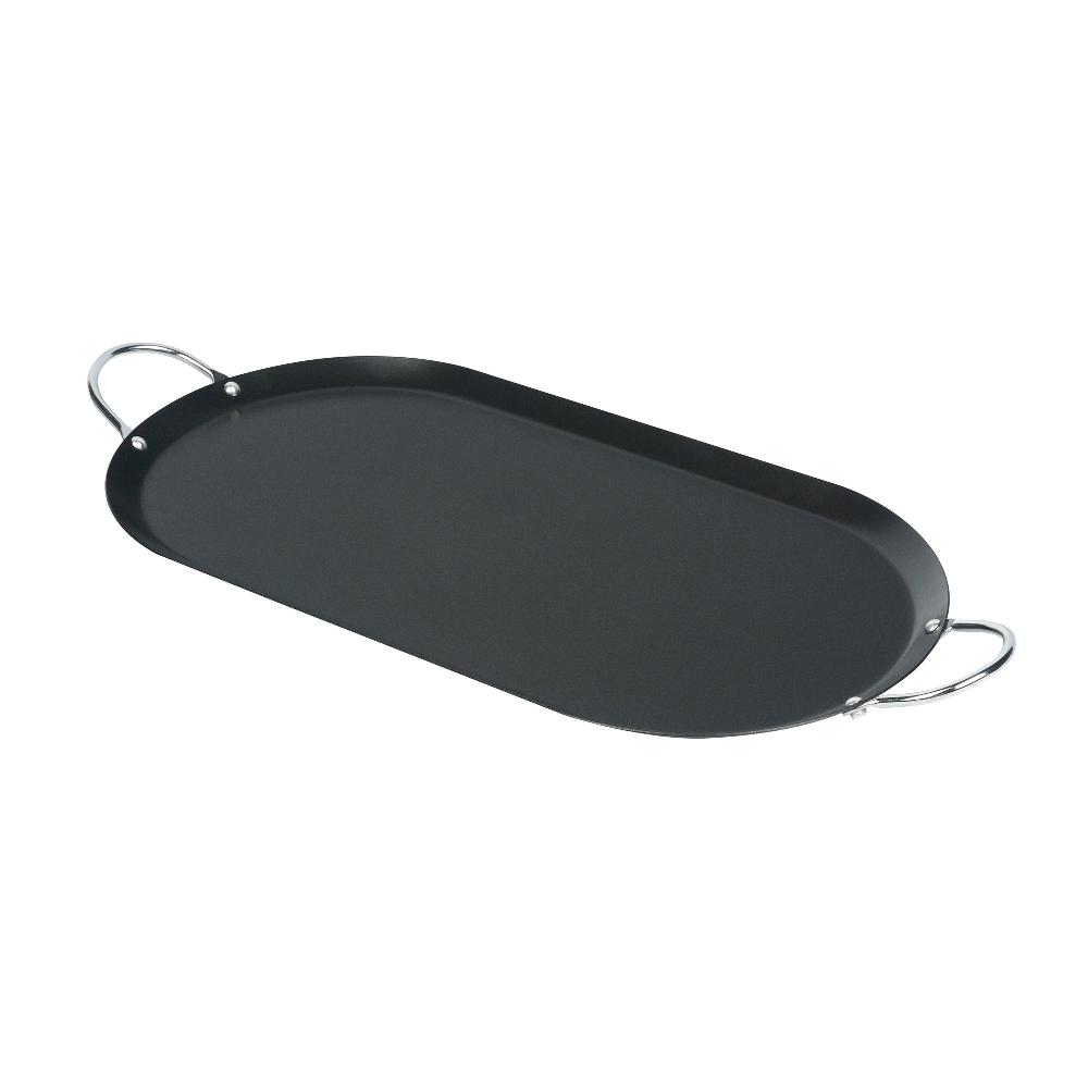 restaurantware Met Lux Oval Black Carbon Steel Double Burner Griddle - Non-Stick With Chrome Handles - 17" x 8 3/4" - 10 count box