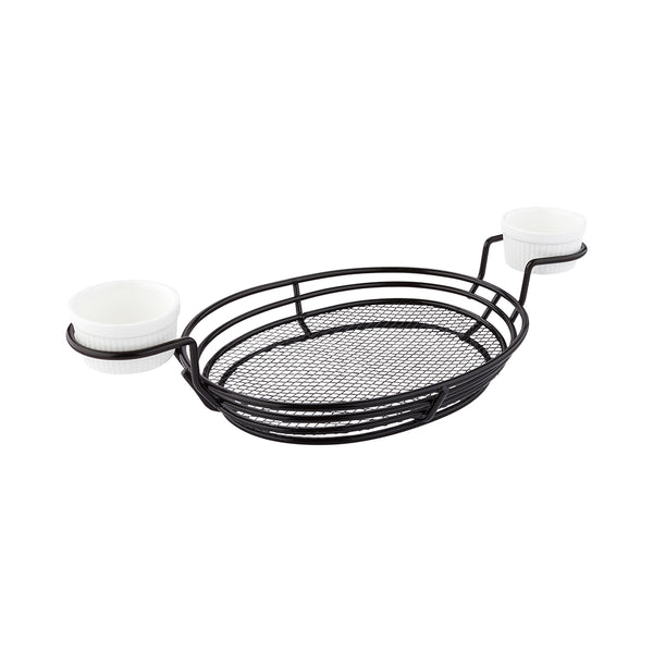 Restaurantware Met Lux Oval Black Iron Entree Basket - Double Dipping Sauce Holder - 13" X 6" X 2 1/4" - 1 Count Box