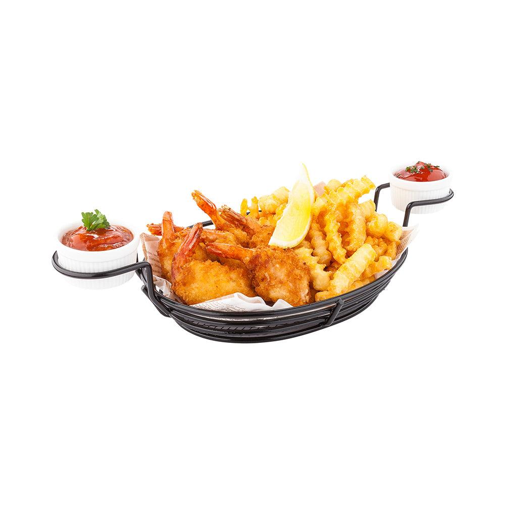 restaurantware Met Lux Oval Black Iron Entree Basket - Double Dipping Sauce Holder - 13" x 6" x 2 1/4" - 1 count box