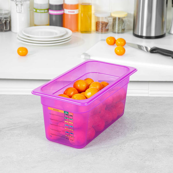 Restaurantware Met Lux Purple Allergen-Free Polypropylene 1/3 Size Food Pan - 6" Deep With Label - 10 Count Box