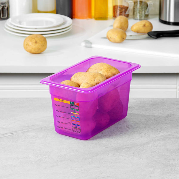 Restaurantware Met Lux Purple Allergen-Free Polypropylene 1/4 Size Food Pan - 6" Deep With Label - 10 Count Box