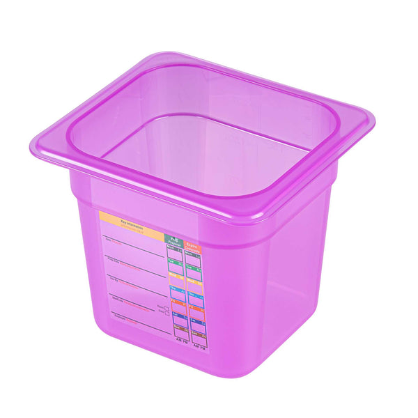Restaurantware Met Lux Purple Allergen-Free Polypropylene 1/6 Size Food Pan - 6" Deep With Label - 10 Count Box