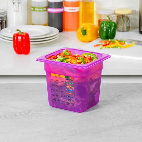 Restaurantware Met Lux Purple Allergen-Free Polypropylene 1/6 Size Food Pan - 6" Deep With Label - 10 Count Box
