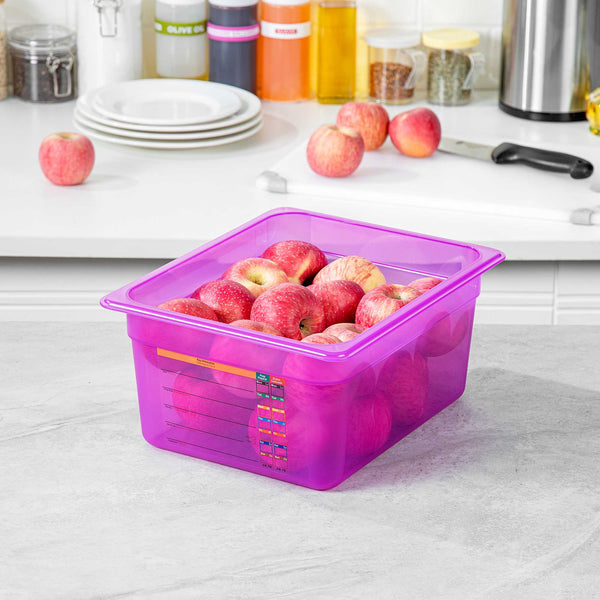 Restaurantware Met Lux Purple Allergen-Free Polypropylene Half Size Food Pan - 6" Deep With Label - 10 Count Box