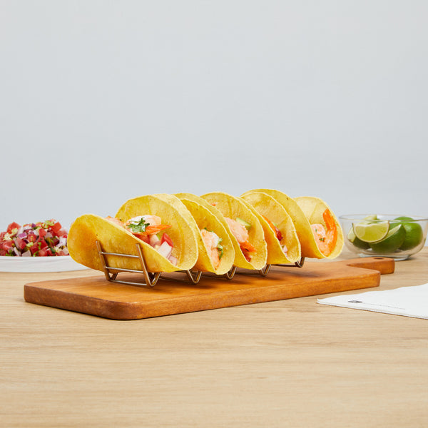 Restaurantware Met Lux Rectangle Silver Stainless Steel Cinque Taco Rack Stand - 5 Tacos - 8 1/4" X 2 1/2" X 1 1/2" - 1 Count Box