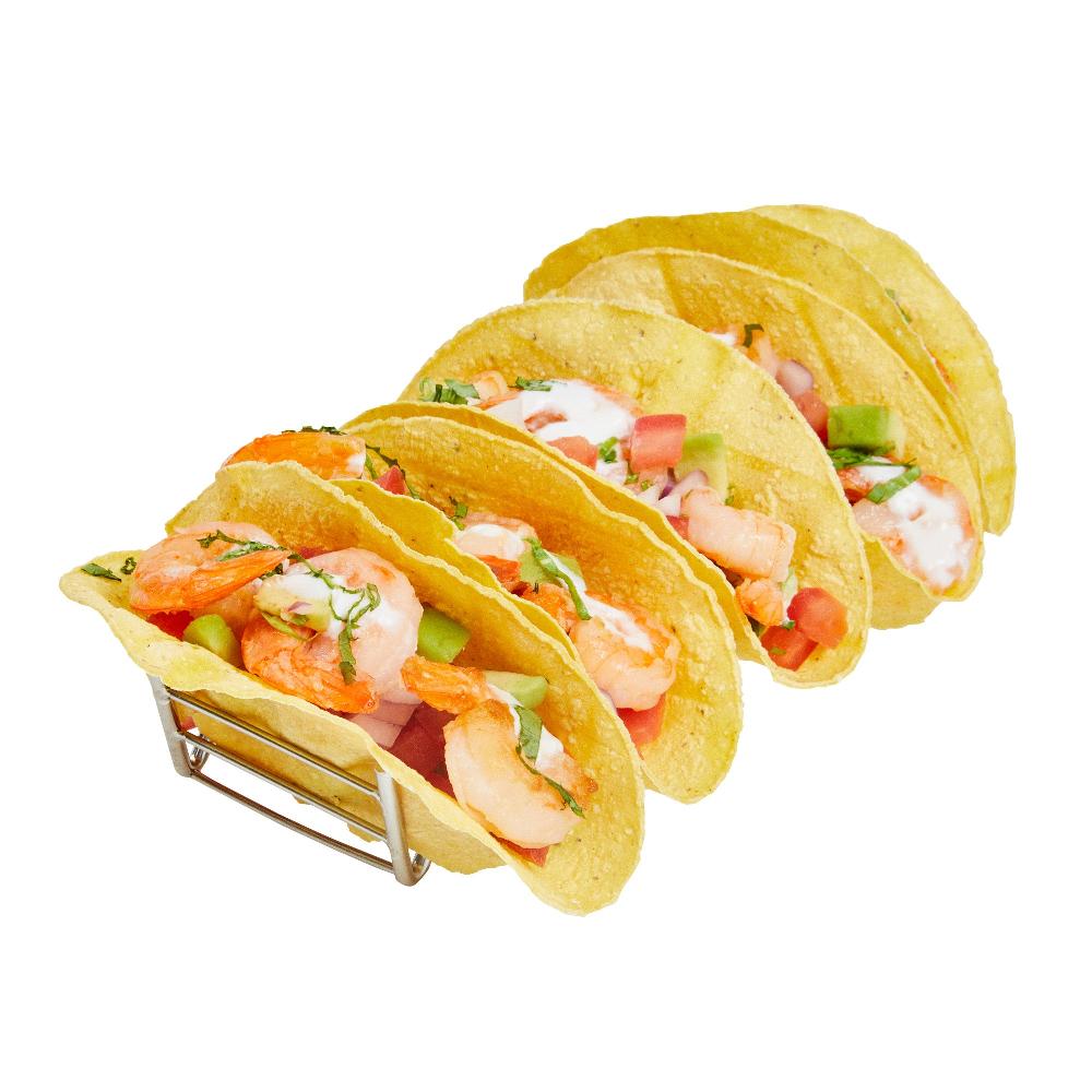 restaurantware Met Lux Rectangle Silver Stainless Steel Cinque Taco Rack Stand - 5 Tacos - 8 1/4" x 2 1/2" x 1 1/2" - 1 count box