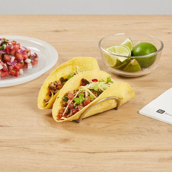 Restaurantware Met Lux Rectangle Silver Stainless Steel Duo Taco Rack Stand - 2 Tacos - 4 1/4" X 3 1/4" X 1 1/2" - 1 Count Box