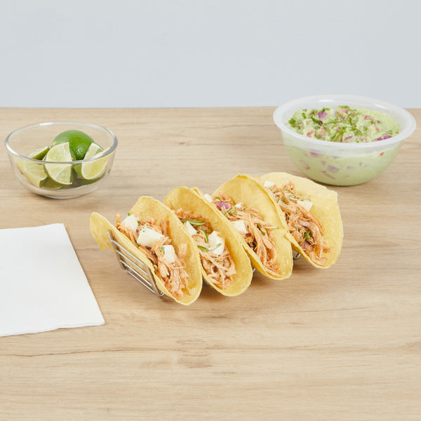 Restaurantware Met Lux Rectangle Silver Stainless Steel Quattro Taco Rack Stand - 4 Tacos - 7" X 2 1/2" X 1 1/2" - 1 Count Box