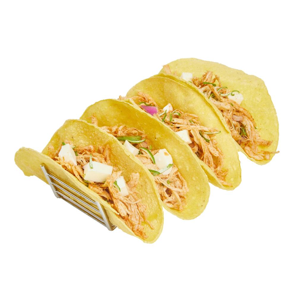 restaurantware Met Lux Rectangle Silver Stainless Steel Quattro Taco Rack Stand - 4 Tacos - 7" x 2 1/2" x 1 1/2" - 1 count box