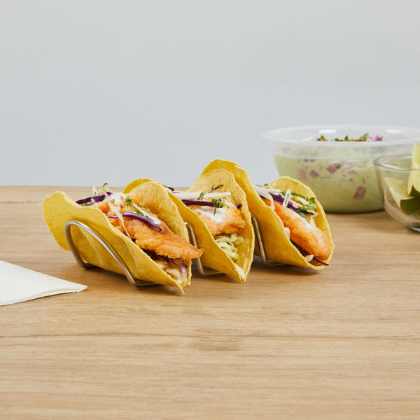 Restaurantware Met Lux Rectangle Silver Stainless Steel Triplo Taco Rack Stand - 3 Tacos - 6 3/4" X 3 1/4" X 1 1/2" - 1 Count Box