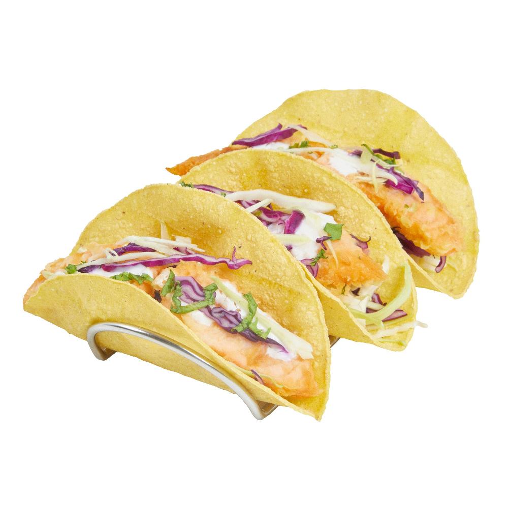 restaurantware Met Lux Rectangle Silver Stainless Steel Triplo Taco Rack Stand - 3 Tacos - 6 3/4" x 3 1/4" x 1 1/2" - 1 count box