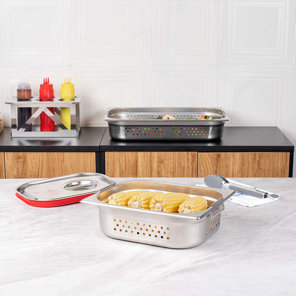Restaurantware Met Lux Rectangle Stainless Steel 1/2 Size Steam Table Pan 4 Inch Deep - Perforated Anti Jam Collapsible Handles - 1 Count Box