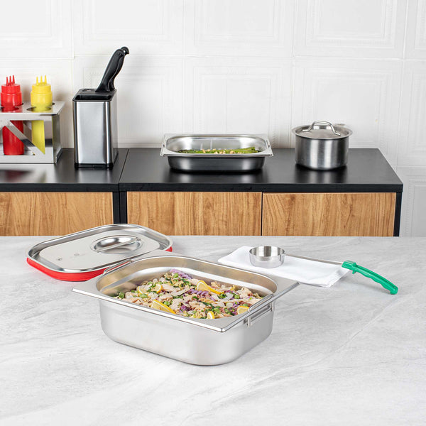 Restaurantware Met Lux Rectangle Stainless Steel 1/2 Size Steam Table Pan 4 Inch Deep - Anti Jam Collapsible Handles - 1 Count Box