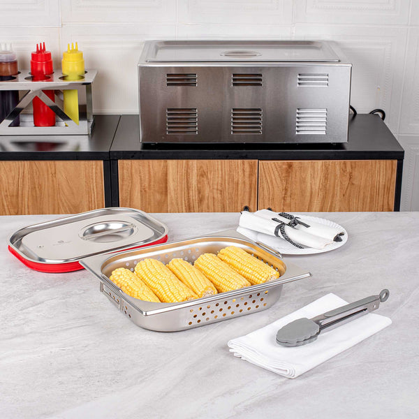Restaurantware Met Lux Rectangle Stainless Steel 1/2 Size Steam Table Pan 2.5 Inch Deep - Perforated Anti Jam Collapsible Handles - 1 Count Box