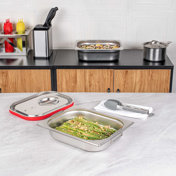Restaurantware Met Lux Rectangle Stainless Steel 1/2 Size Steam Table Pan 2.5 Inch Deep - Anti Jam Collapsible Handles - 1 Count Box