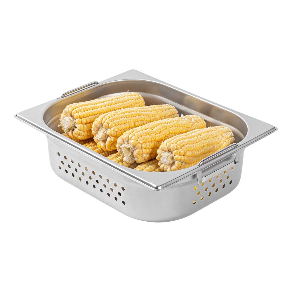 restaurantware Met Lux Rectangle Stainless Steel 1/2 Size Steam Table Pan 4 Inch Deep - Perforated Anti Jam Collapsible Handles - 1 count box