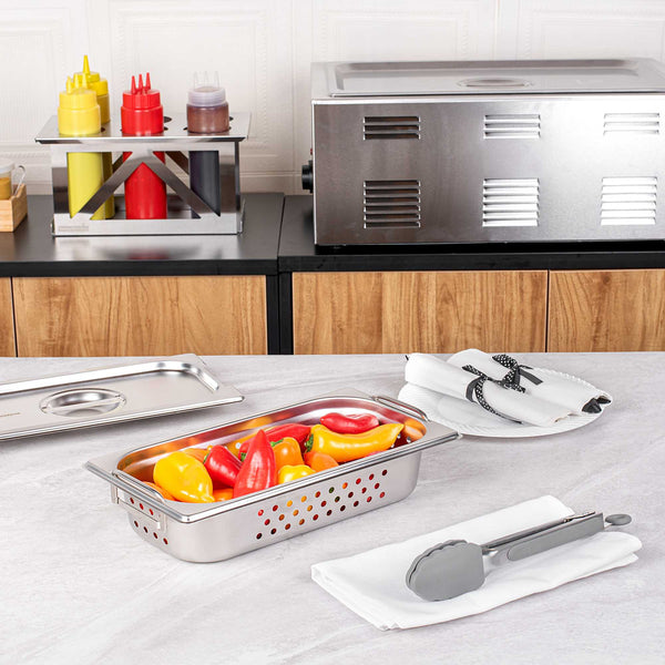 Restaurantware Met Lux Rectangle Stainless Steel 1/3 Size Steam Table Pan 2.5 Inch Deep - Perforated Anti Jam Collapsible Handles - 1 Count Box