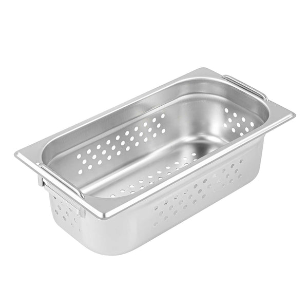 Restaurantware Met Lux Rectangle Stainless Steel 1/3 Size Steam Table Pan 4 Inch Deep - Perforated Anti Jam Collapsible Handles - 1 Count Box