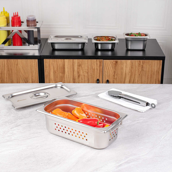 Restaurantware Met Lux Rectangle Stainless Steel 1/3 Size Steam Table Pan 4 Inch Deep - Perforated Anti Jam Collapsible Handles - 1 Count Box