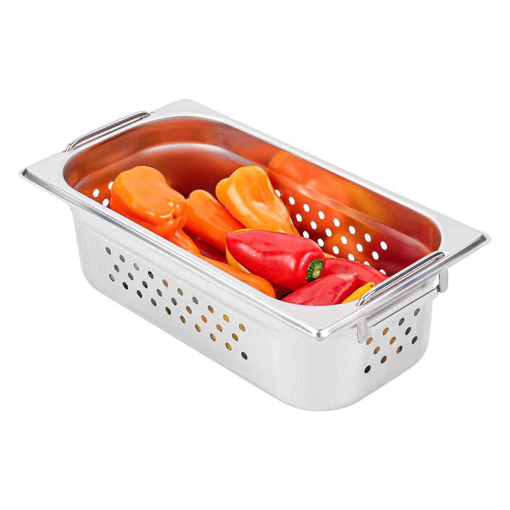 restaurantware Met Lux Rectangle Stainless Steel 1/3 Size Steam Table Pan 4 Inch Deep - Perforated Anti Jam Collapsible Handles - 1 count box