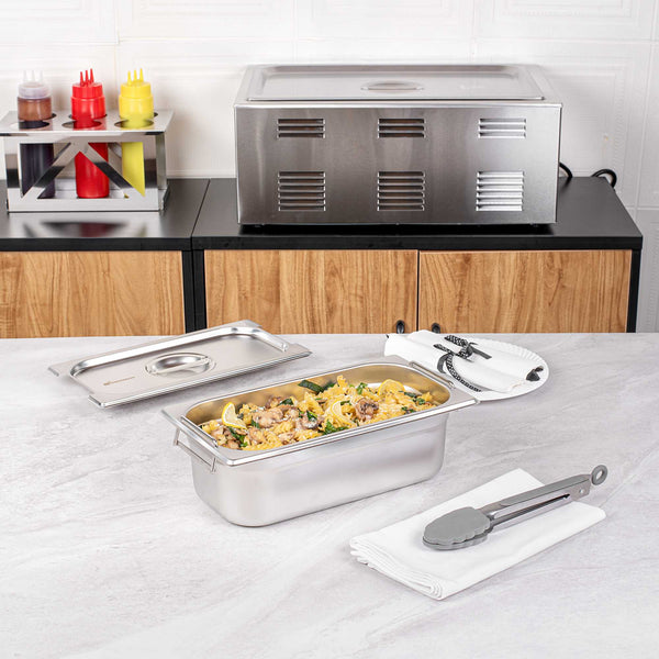 Restaurantware Met Lux Rectangle Stainless Steel 1/3 Size Steam Table Pan 4 Inch Deep - Anti Jam Collapsible Handles - 1 Count Box