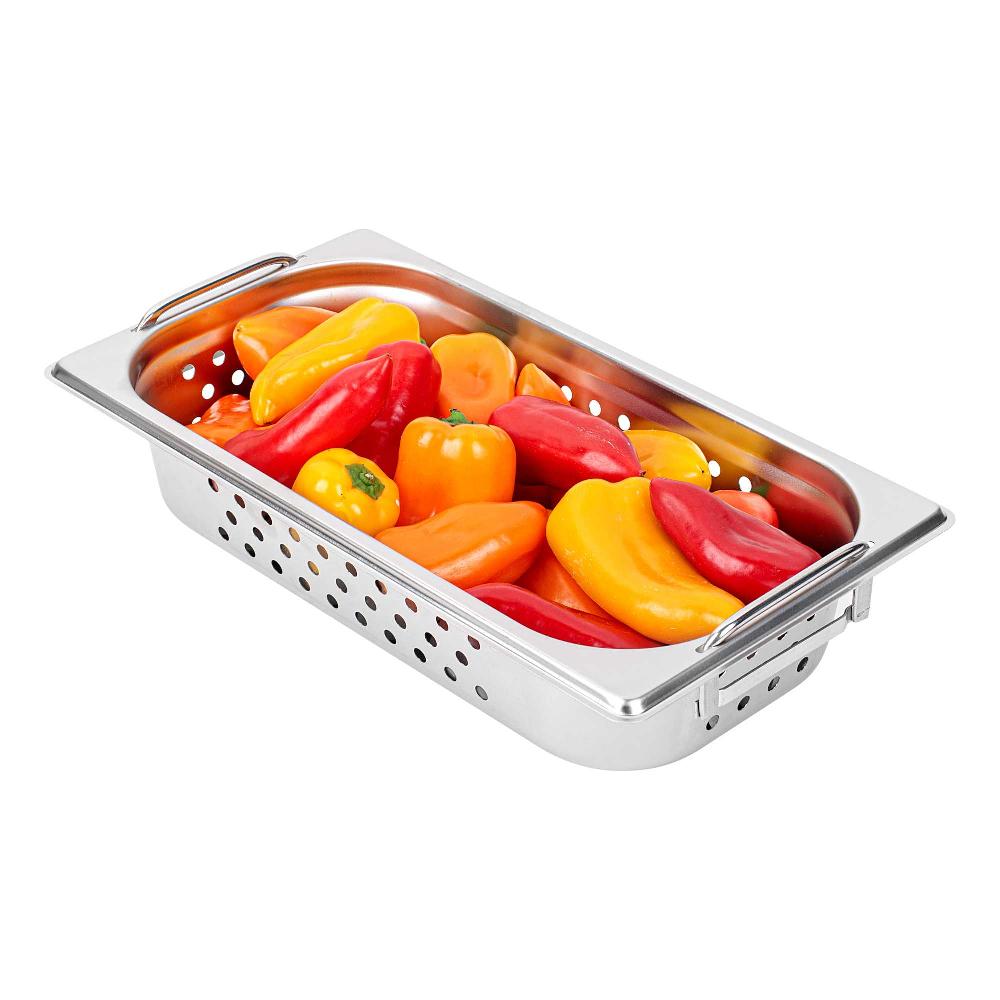 restaurantware Met Lux Rectangle Stainless Steel 1/3 Size Steam Table Pan 2.5 Inch Deep - Perforated Anti Jam Collapsible Handles - 1 count box