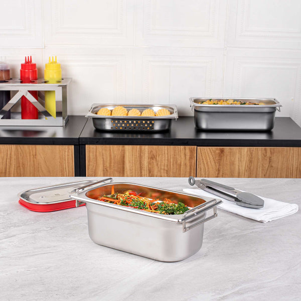 Restaurantware Met Lux Rectangle Stainless Steel 1/4 Size Steam Table Pan - 4 Inch Deep - Anti Jam Collapsible Handles - 1 Count Box